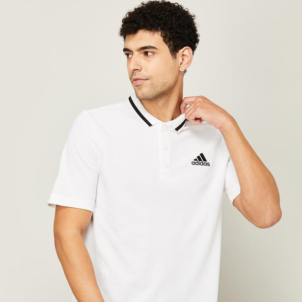 ADIDAS Men Solid Collar Neck Pure Cotton White T-Shirt