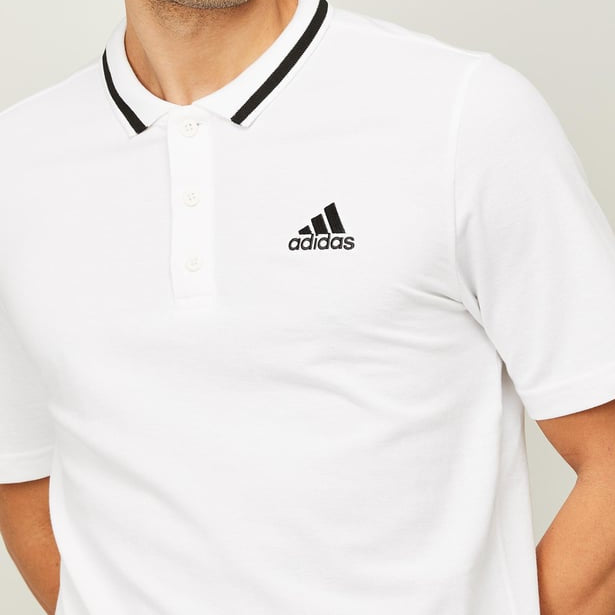 ADIDAS Men Solid Collar Neck Pure Cotton White T-Shirt