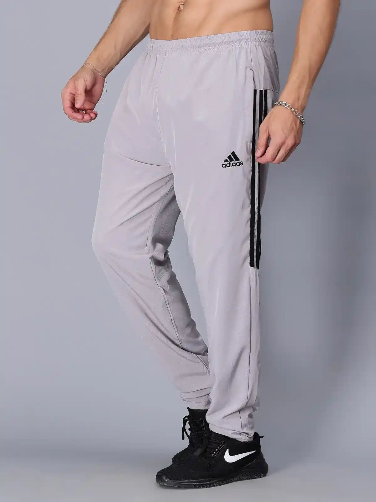 Adidas Striped Men Grey Track Suit (Jacket & Track Pant)