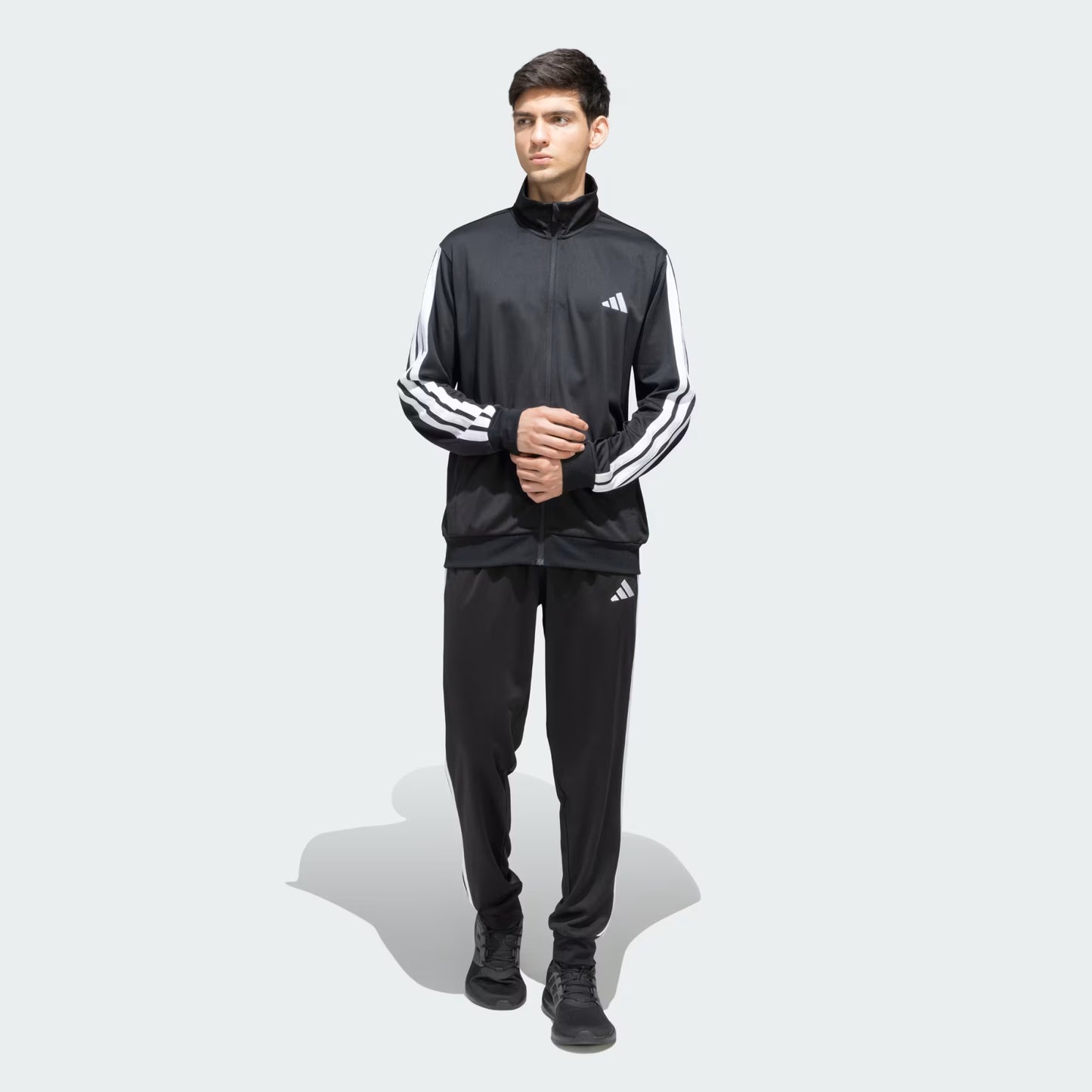 Adidas Striped Men Black Track Suit (Jacket & Track Pant)