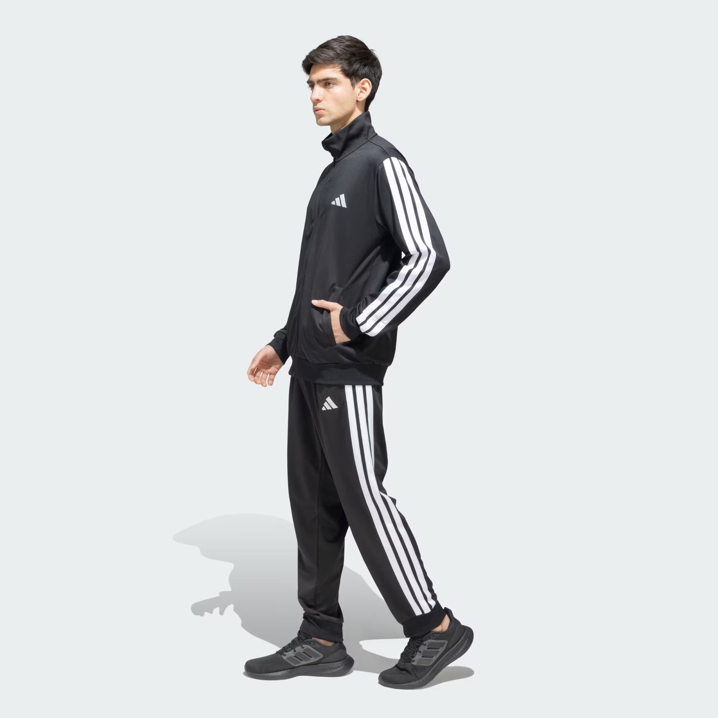 Adidas Striped Men Black Track Suit (Jacket & Track Pant)
