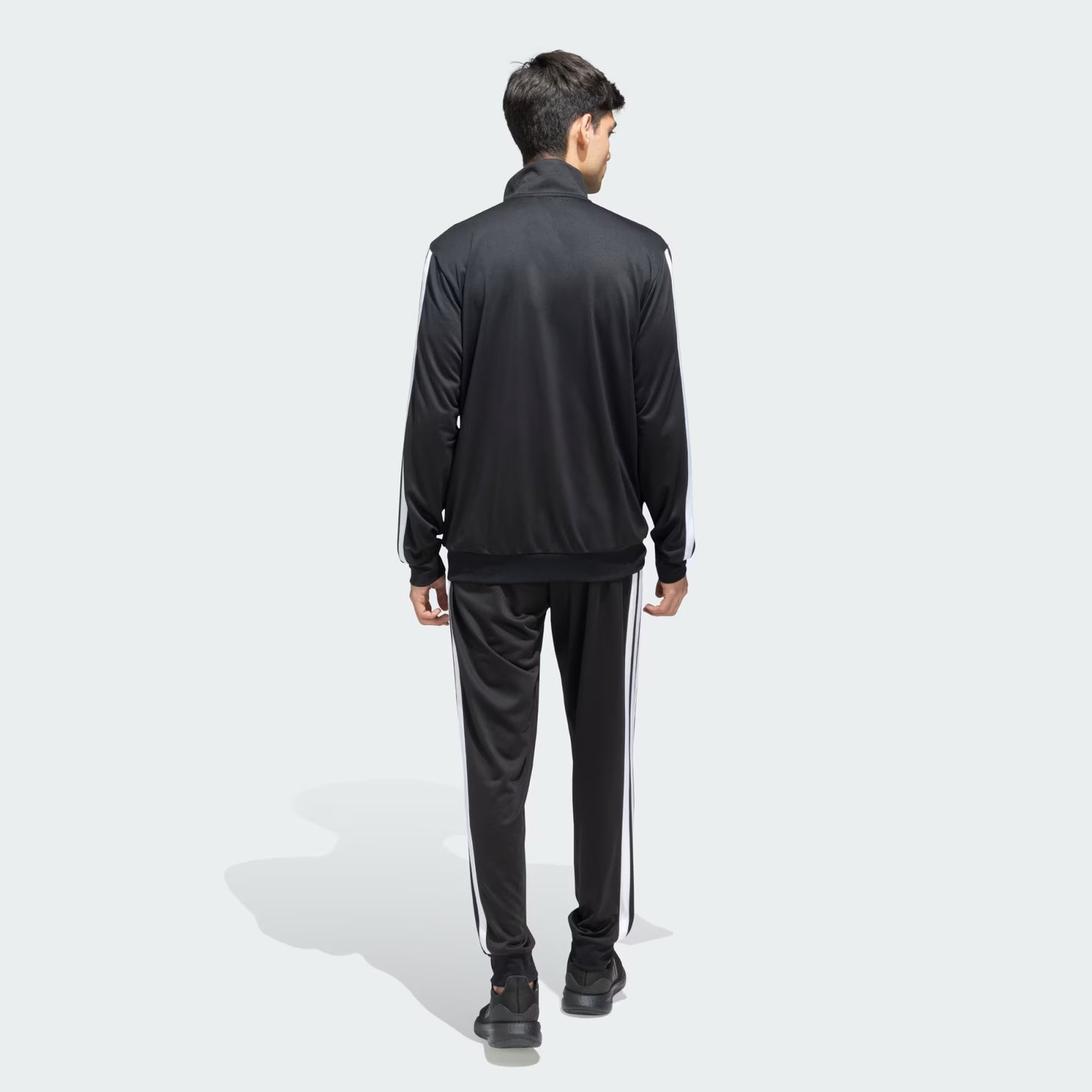 Adidas Striped Men Black Track Suit (Jacket & Track Pant)