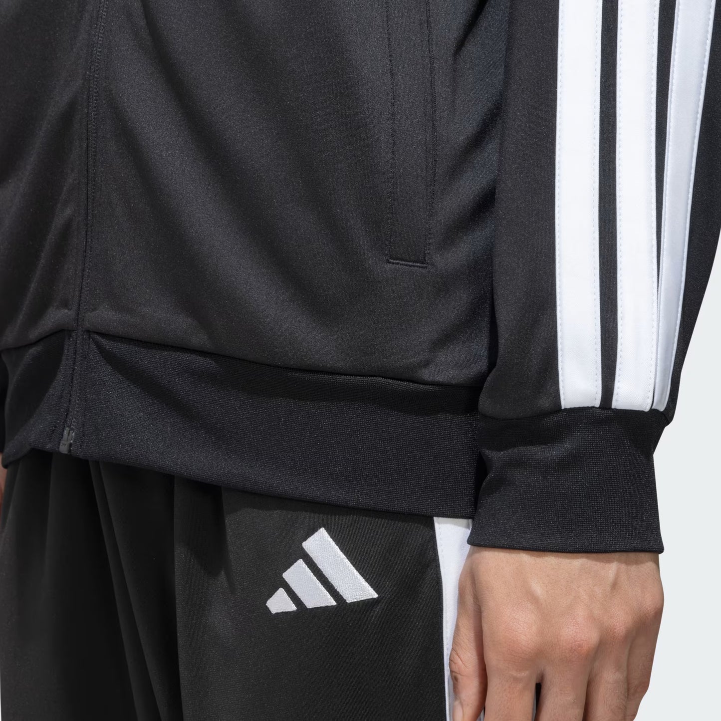 Adidas Striped Men Black Track Suit (Jacket & Track Pant)