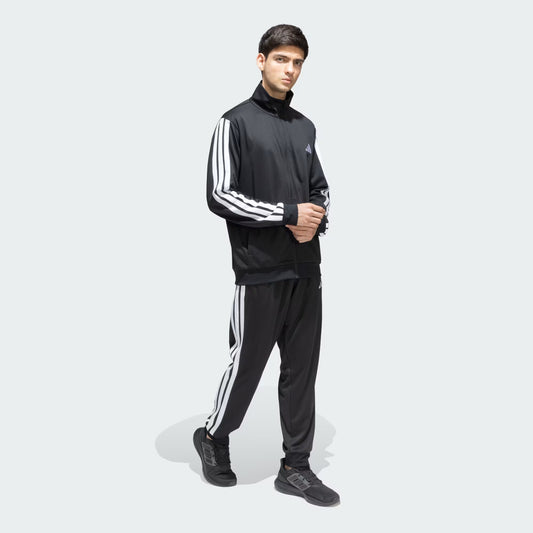 Adidas Striped Men Black Track Suit (Jacket & Track Pant)